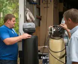 Technicians testing water quality with equipment in a lab setting.