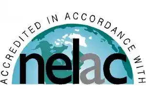NELAC certification logo with a globe and blue background.