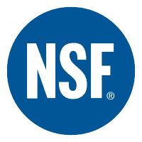 NSF logo on a blue background, representing water safety standards.