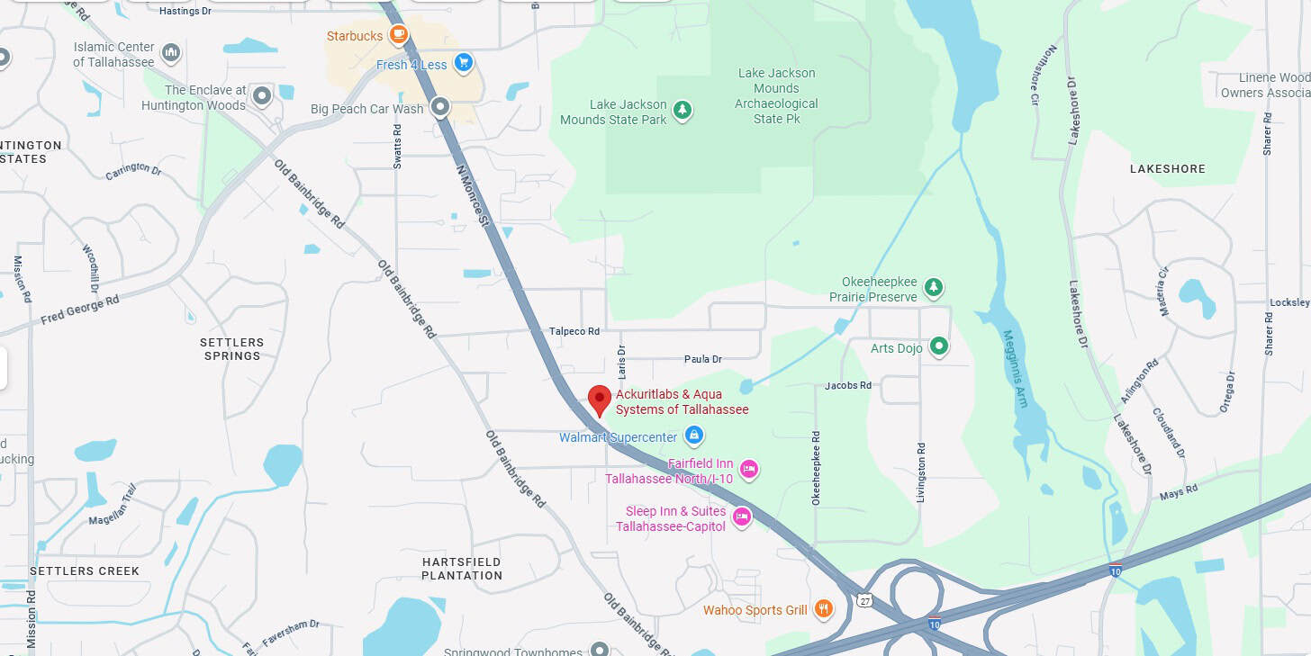 Map showing Ackuritlabs and Aqua Systems location near Tallahassee, Florida.