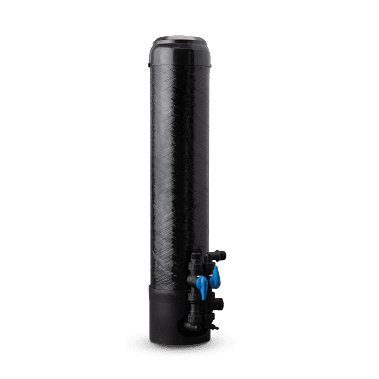 Black water filtration system with blue control valves on a plain white background.