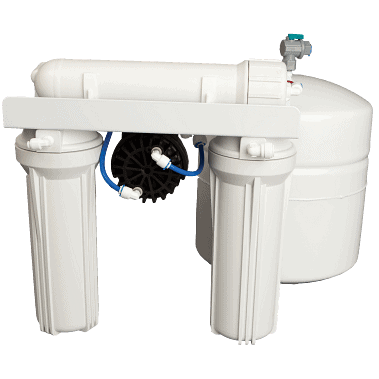 Water filtration system with white filters and black gear, used for water treatment.