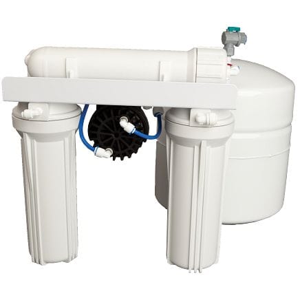 Water filtration system with white filters and blue tubing for water treatment.