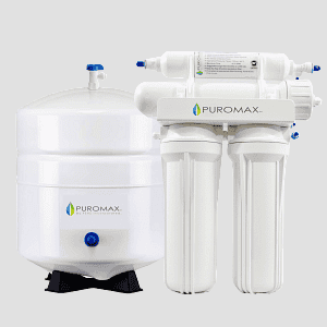 Puromax water filtration system with two filters and a storage tank for water treatment.