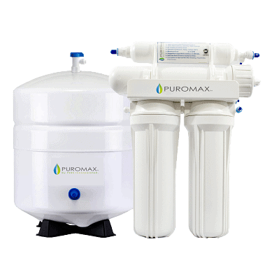 Puromax water filtration system with multiple filters and a storage tank.