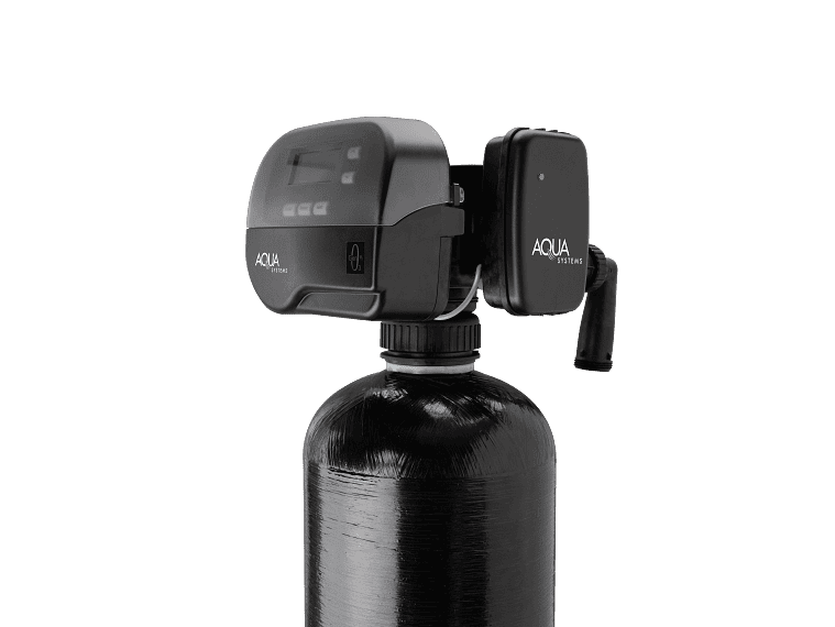Aqua water treatment system with digital control panel and black tank.
