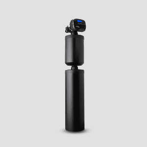 Water filtration system with digital control panel and cylindrical filter in black.