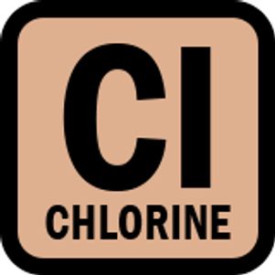 Chlorine chemical element symbol with 'CI' and 'Chlorine' label on a beige background.