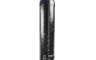 Pioneer water treatment filter with black carbon fiber exterior and blue valves.
