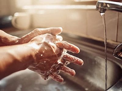 Person washing hands with soap at a kitchen sink.
