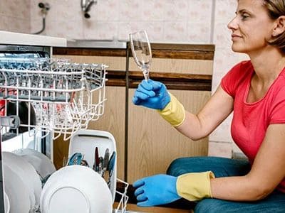 Woman wearing blue gloves holding a glass in a kitchen setting.