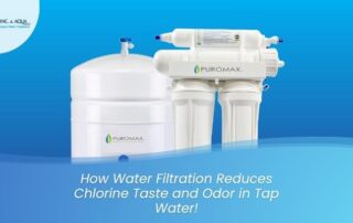 Water filtration system with Purimax filter on a blue background for water treatment.