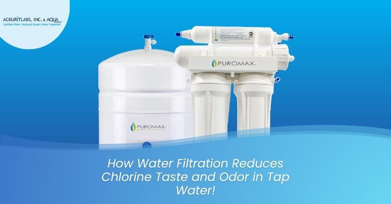 Water filtration system with Purimax filter on a blue background for water treatment.